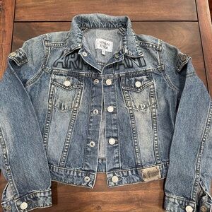 VTG Armani Junior Kids Denim Jacket Blue Jeans Trucker Coat Spell Out Logo 8